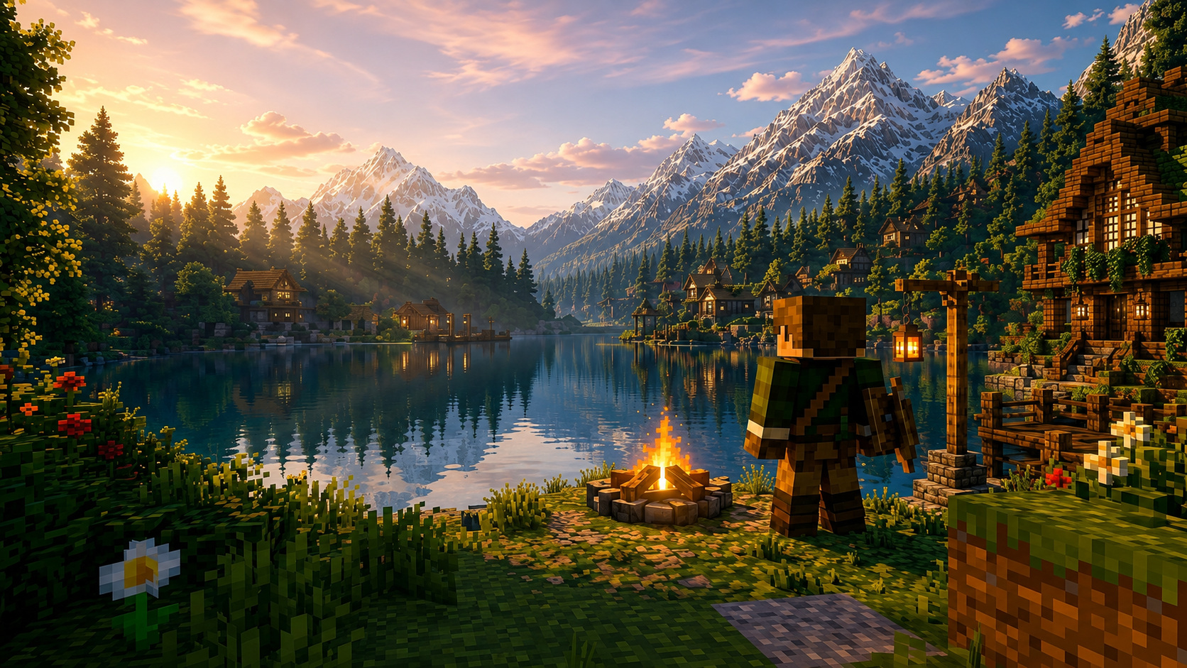 Vale montanhoso com lago, vila e fogueira em estilo Minecraft