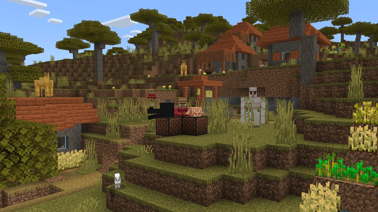 Gameplay oficial do Minecraft em uma vila de savana